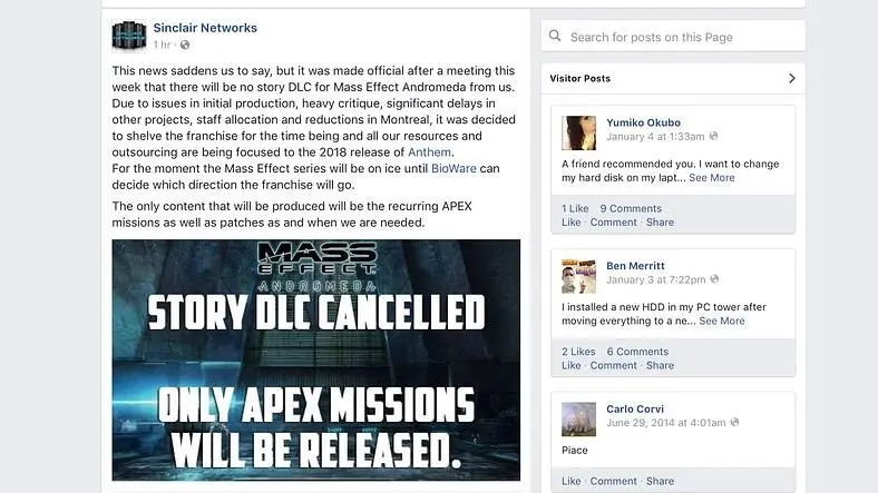 Mass Effect Andromeda May Or May Not Be Getting Additional DLC, But This Facebook Page Isn't The Decider