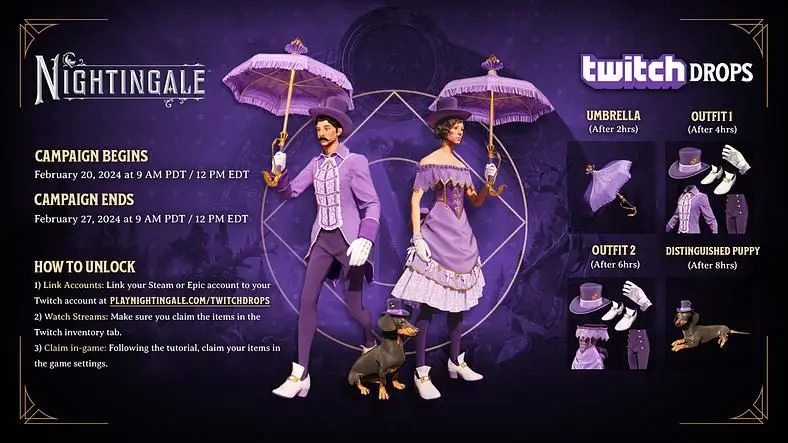 Nightingale Twitch Drops - Purple Outfits, Umbrella, and Distinguished Puppy