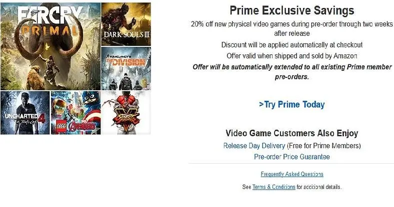 Amazon Prime now offers 20% off of new game releases