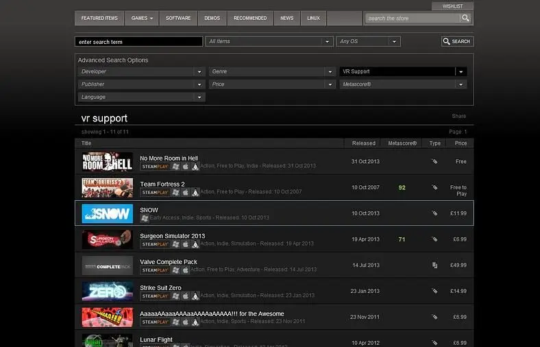 Steam adds VR Support search option for Oculus Rift titles