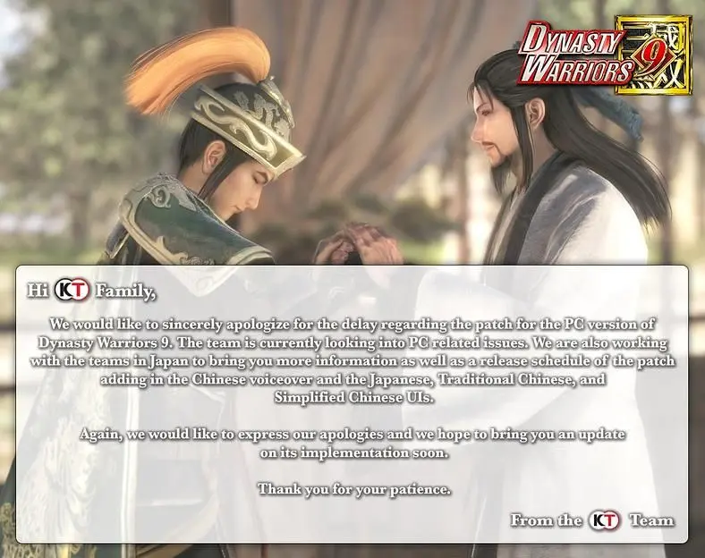 Koei Says Sorry for Delayed Dynasty Warriors 9 PC Patch