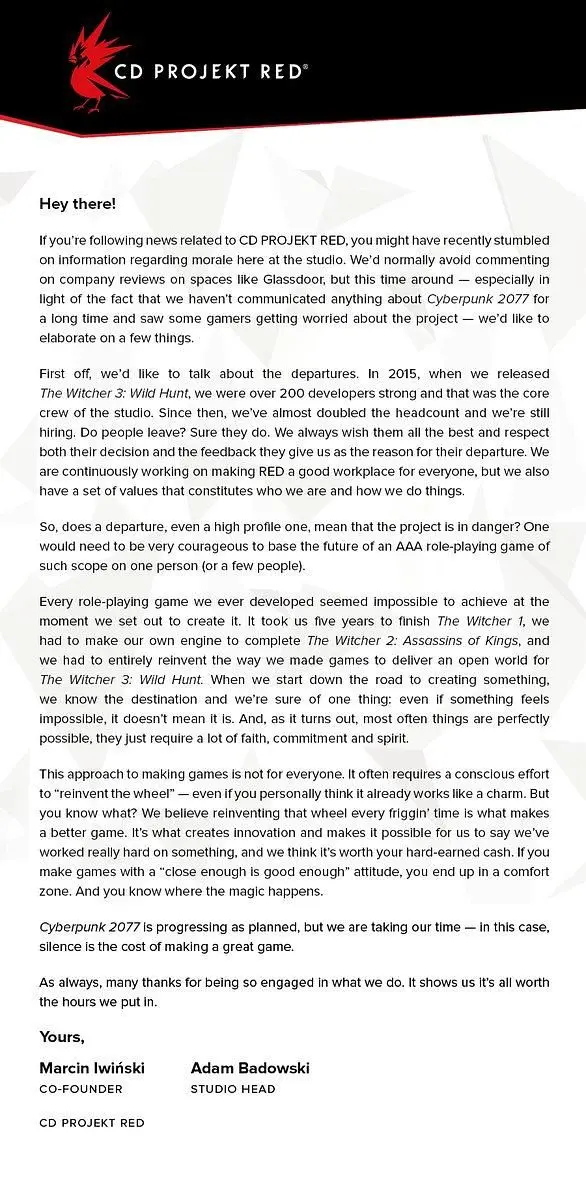 CD Projekt RED Comments On Studio Morale Rumors, Departures and Cyberpunk 2077