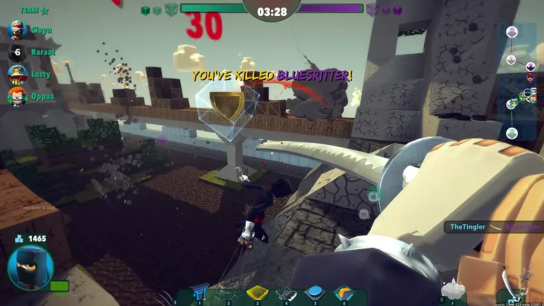 I think "Minecraft meets Team Fortress 2" has an accurate ring to it...