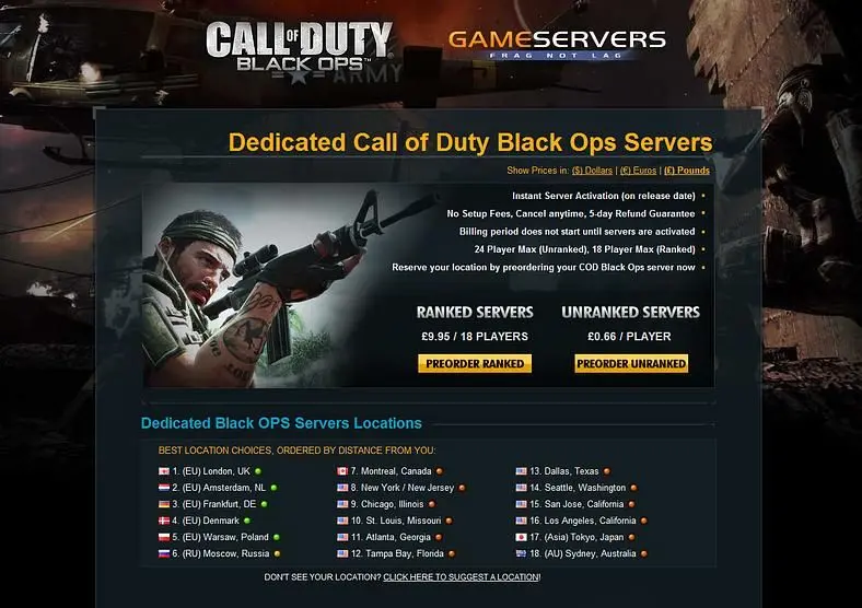 Monthly subscription for dedicated Call of Duty: Black Ops servers