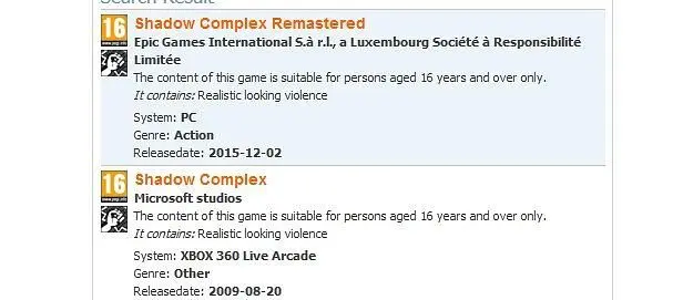 PEGI lists Shadow Complex Remastered for PC