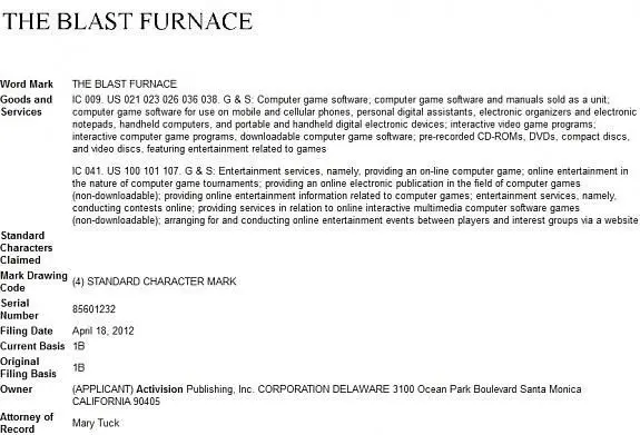 Activision trademarks "The Blast Furnace", acquires domain name
