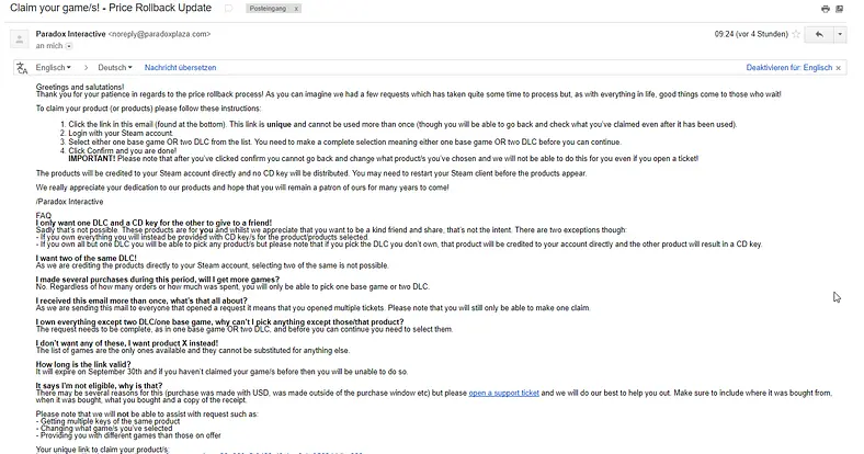 Paradox Interactive is sending out free games to anyone affected by the price rollback