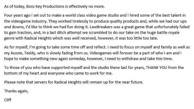 Cliff Bleszinski Announces that Boss Key Productions will be Shutting Down