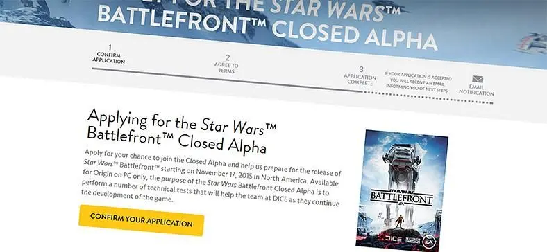 Closed Alpha test for Star Wars: Battlefront through Origin, inviting "small number of users"