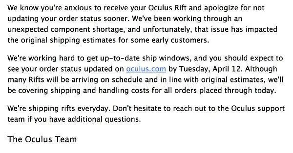 Oculus VR delays some early Oculus Rift pre-orders due to component shortages, shipping now free
