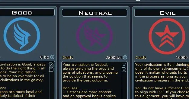 Good/Evil replaced by "ideologies" in Galactic Civilizations III, "more flexibility"