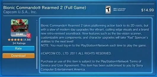 Bionic Commando Rearmed 2 requires constant PSN connection for DRM