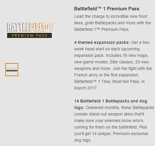 Battlefield 1 Premium Pass includes early access to expansion packs and maps, costs £39.99
