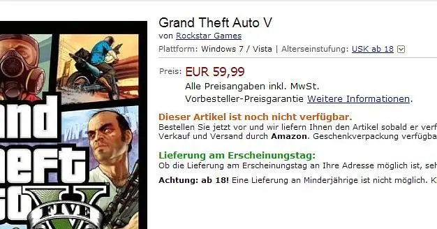 Amazon France and Germany both list Grand Theft Auto V for PC