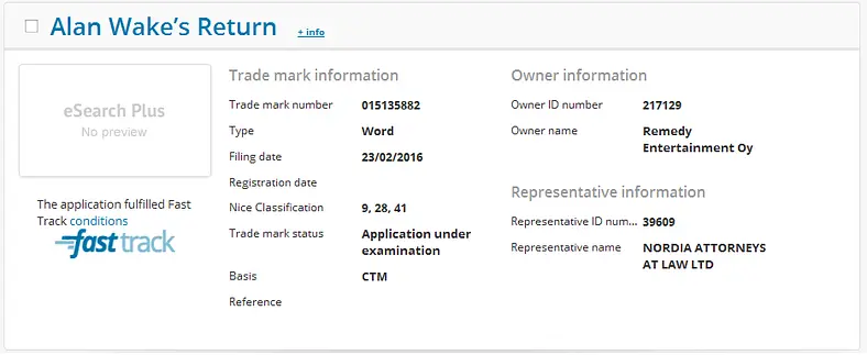 "Alan Wake's Return" trademark registered by Remedy Entertainment