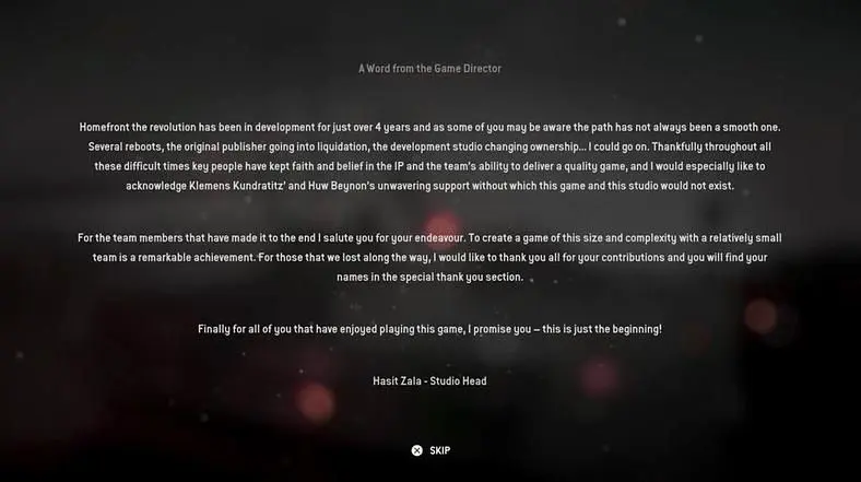 Homefront: The Revolution ends with a message talking about the game’s awkward development