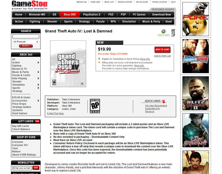 GameStop lists GTA IV DLC retail box, "no disc included" though