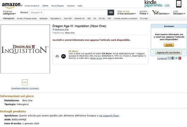 Dragon Age III appears on Amazon Italy as Xbox One game