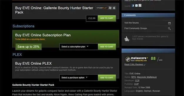 CCP add subscription and PLEX charges through Steam, considering Workshop