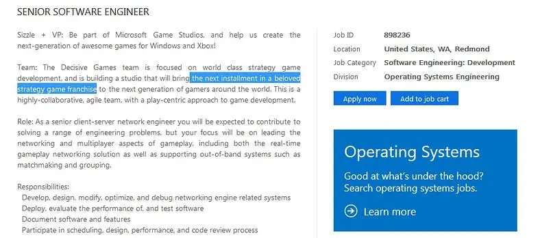 Microsoft posts job advert for a developer role on "beloved strategy game franchise"