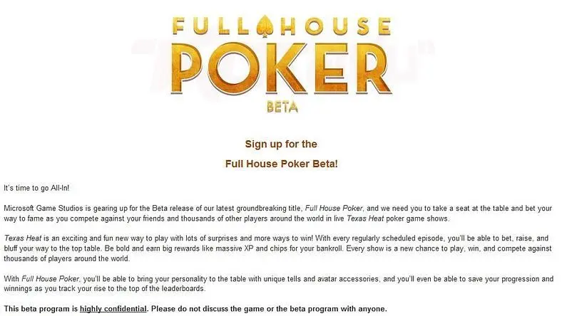 Microsoft launch Full House Poker beta, 1 vs. 100's replacement