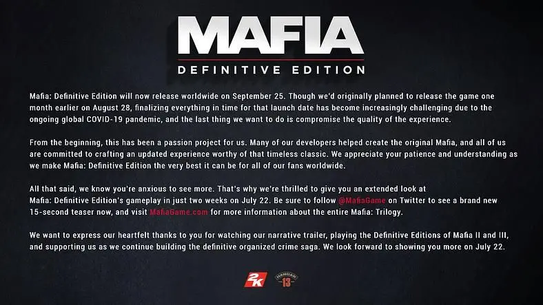 Mafia: Definitive Edition Delayed Until September