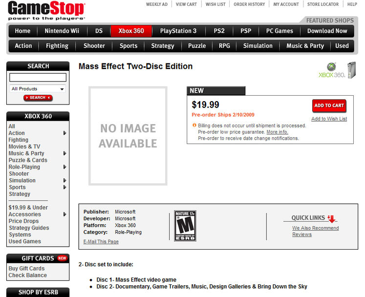 GameStop lists Mass Effect "Two-Disc Edition", to include goodies