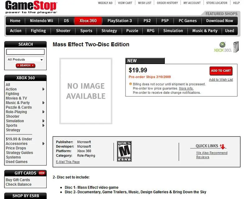 GameStop lists Mass Effect "Two-Disc Edition", to include goodies