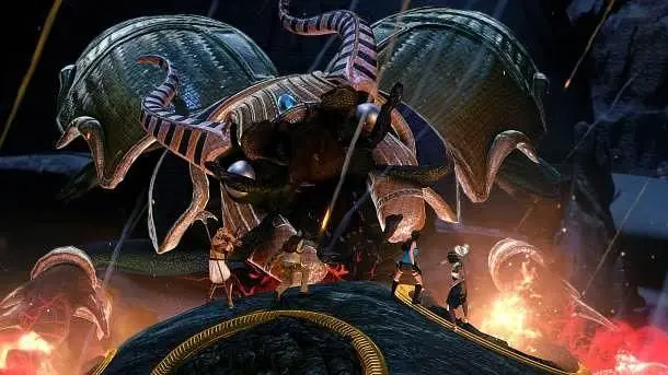 Lara takes a break from gritty survivalism to shoot a giant scarab beetle with a rocket launcher.