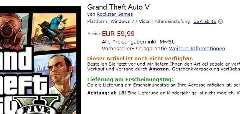 Amazon France and Germany both list Grand Theft Auto V for PC
