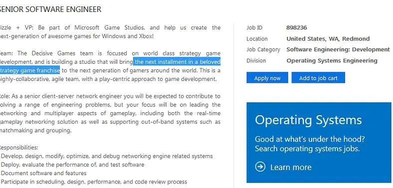 Microsoft posts job advert for a developer role on "beloved strategy game franchise"