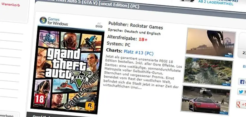 German retailers PC listing for Grand Theft Auto V, briefly mention 'Special Edition'