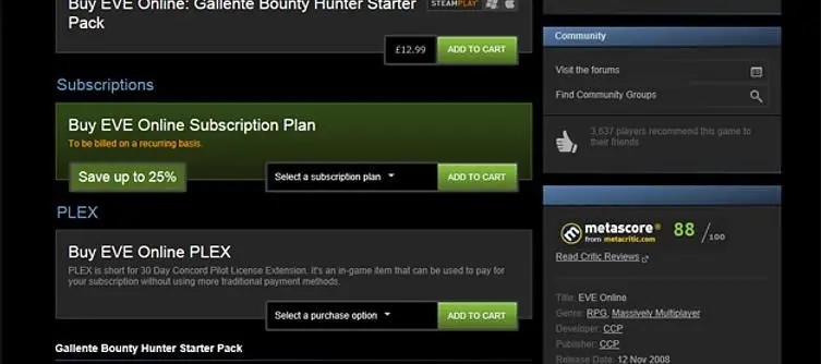 CCP add subscription and PLEX charges through Steam, considering Workshop
