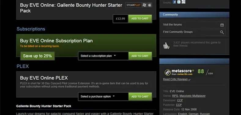CCP add subscription and PLEX charges through Steam, considering Workshop