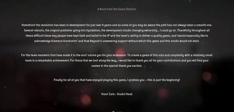 Homefront: The Revolution ends with a message talking about the game’s awkward development