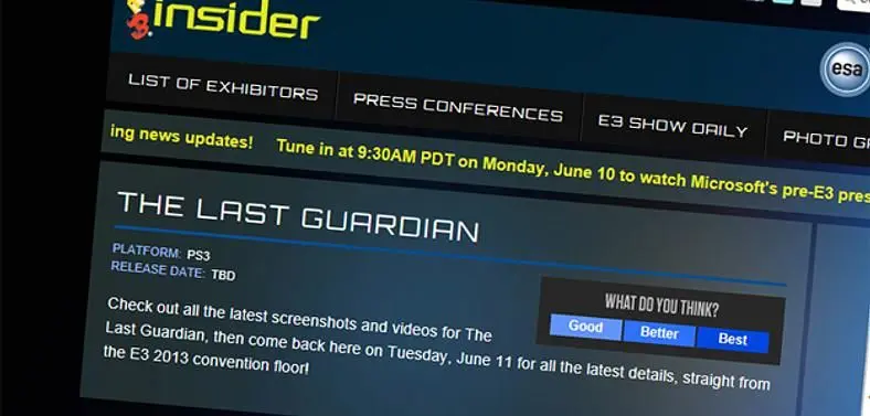 The Last Guardian listed on ESA's E3 website, Sony calls it "speculative I'm afraid"