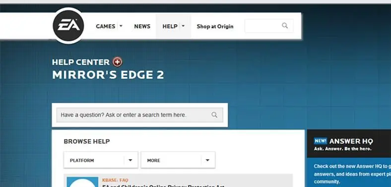 Mirror's Edge 2 listed on EA Help Center