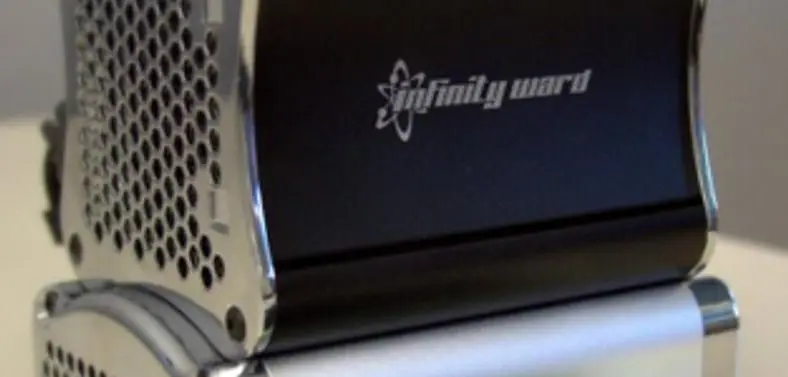Infinity Ward release shot of Xi3 micro PC bearing studio's logo