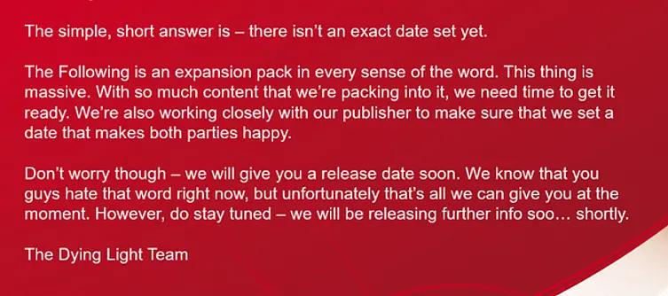 Techland isn't ready to discuss a release date for Dying Light: The Following, says "this thing is massive"