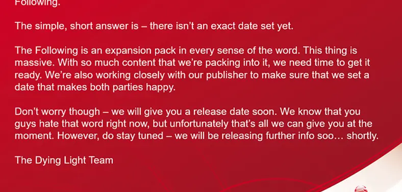 Techland isn't ready to discuss a release date for Dying Light: The Following, says "this thing is massive"