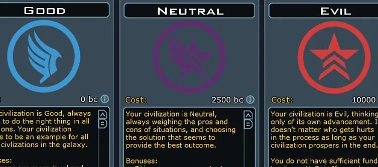 Good/Evil replaced by "ideologies" in Galactic Civilizations III, "more flexibility"