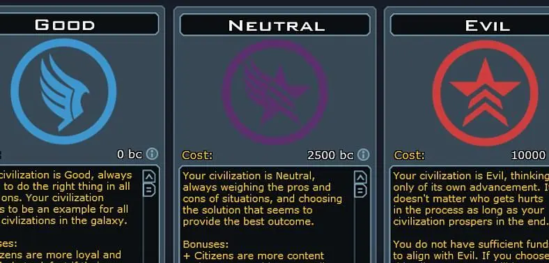 Good/Evil replaced by "ideologies" in Galactic Civilizations III, "more flexibility"