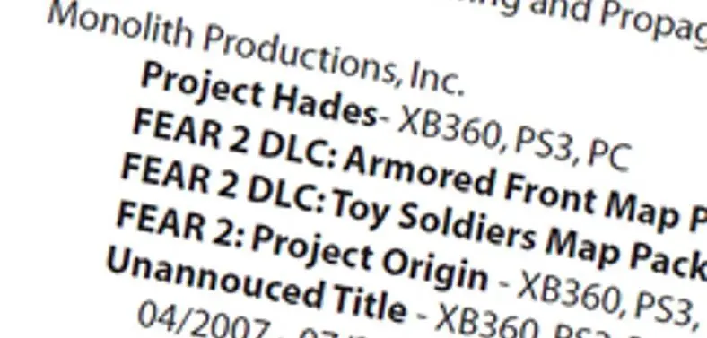 Artist CV mentions Monolith's 'Project Hades', could be F.E.A.R. 3?