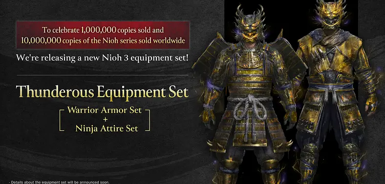 Koei Tecmo to reward Nioh 3 players with free Thunderous Equipment Set following 1 million copies sold milestone (Out Now!)