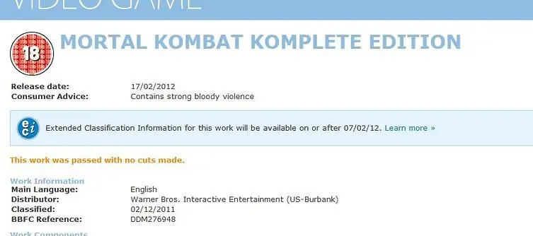 Mortal Kombat Komplete Edition outed by BBFC