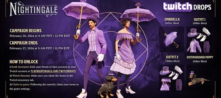 Nightingale Twitch Drops - Purple Outfits, Umbrella, and Distinguished Puppy