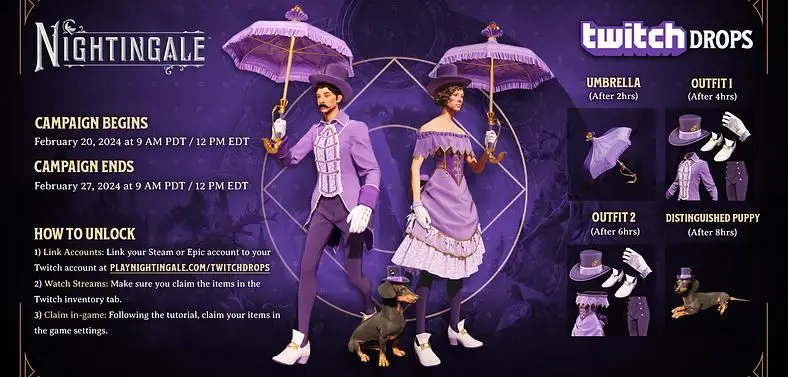 Nightingale Twitch Drops - Purple Outfits, Umbrella, and Distinguished Puppy
