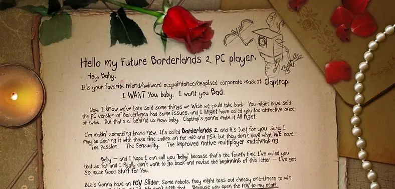 Gearbox sends PC players a literal love letter, promising unique Borderlands 2 PC features