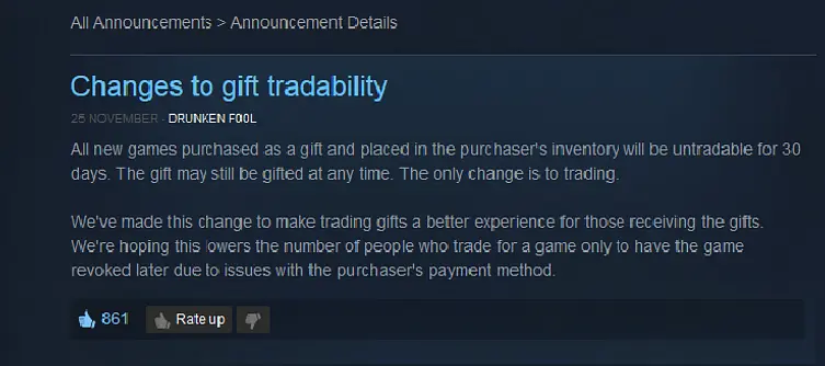 Valve makes changes to Steam Gifts in order to prevent trading scams