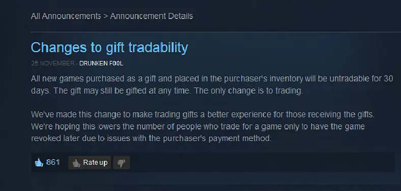 Valve makes changes to Steam Gifts in order to prevent trading scams